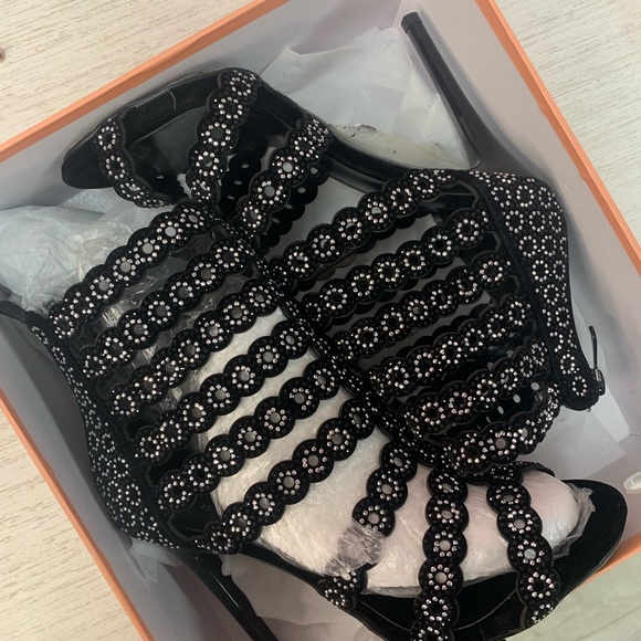 Open Toe Silver Crystal Stiletto Heel Bootie - Black Velvet - Picture 8 of 10